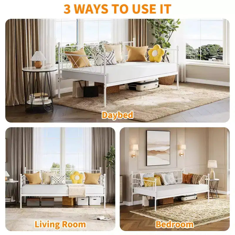 Twin Metal Sofa Bed w/ Heart-Shaped Headboard, Sturdy Daybed Frame for Kids Bedroom & Guest Room, Heavy Duty Slats, No Box Spring Needed