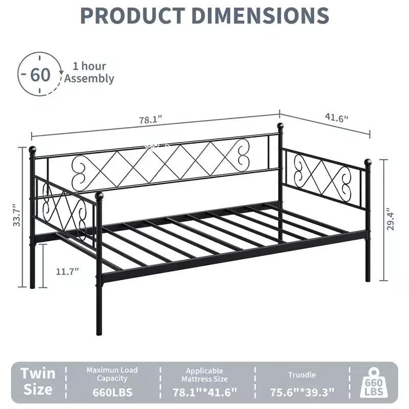 Twin Metal Sofa Bed w/ Heart-Shaped Headboard, Sturdy Daybed Frame for Kids Bedroom & Guest Room, Heavy Duty Slats, No Box Spring Needed