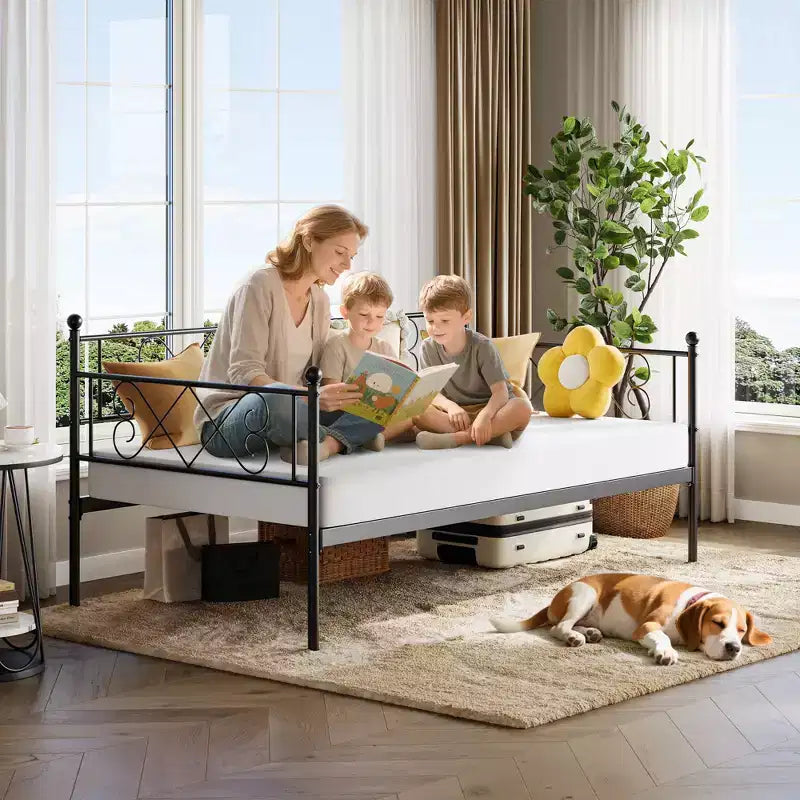 Twin Metal Sofa Bed w/ Heart-Shaped Headboard, Sturdy Daybed Frame for Kids Bedroom & Guest Room, Heavy Duty Slats, No Box Spring Needed