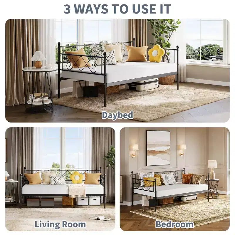 Twin Metal Sofa Bed w/ Heart-Shaped Headboard, Sturdy Daybed Frame for Kids Bedroom & Guest Room, Heavy Duty Slats, No Box Spring Needed