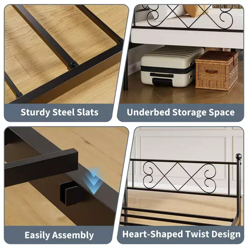 Twin Metal Sofa Bed w/ Heart-Shaped Headboard, Sturdy Daybed Frame for Kids Bedroom & Guest Room, Heavy Duty Slats, No Box Spring Needed