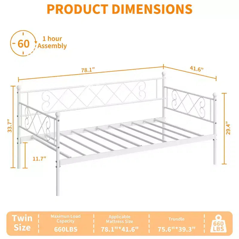 Twin Metal Sofa Bed w/ Heart-Shaped Headboard, Sturdy Daybed Frame for Kids Bedroom & Guest Room, Heavy Duty Slats, No Box Spring Needed