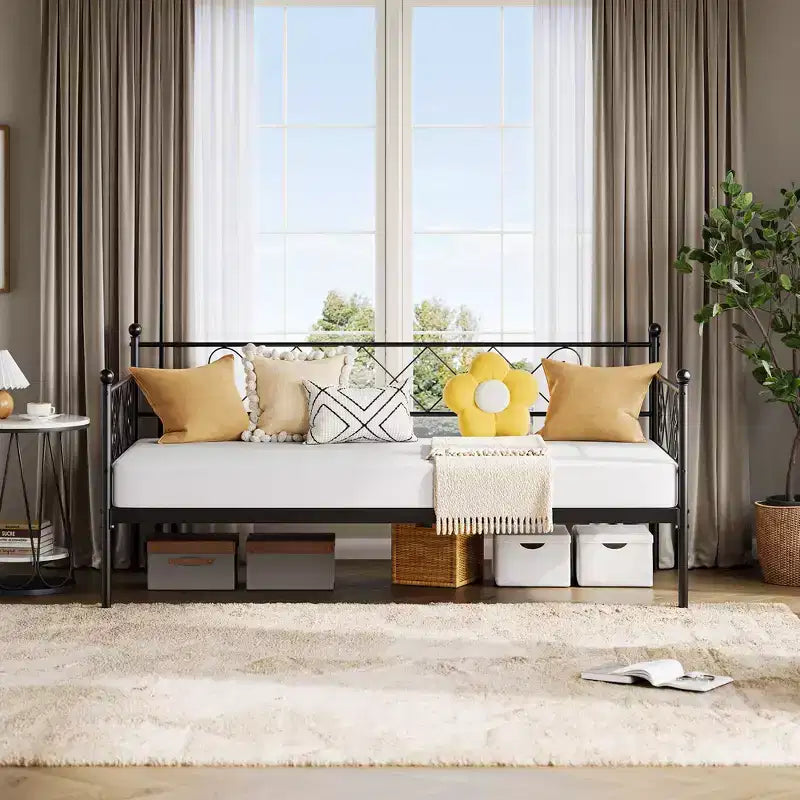 Twin Metal Sofa Bed w/ Heart-Shaped Headboard, Sturdy Daybed Frame for Kids Bedroom & Guest Room, Heavy Duty Slats, No Box Spring Needed
