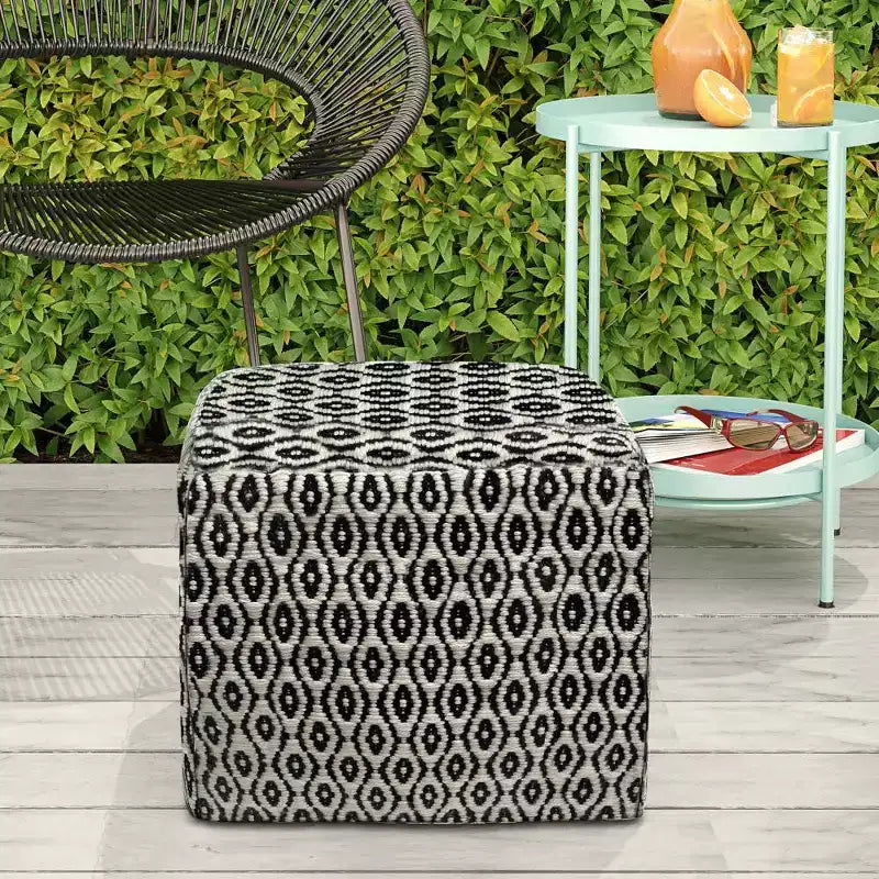 Wallis Square Woven PET Polyester Pouf Black/White - WyndenHall: Durable Indoor/Outdoor Seating, UV Resistant