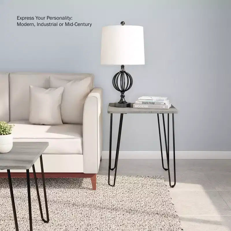 Hastings Home Modern Industrial End Table With Hairpin Legs, Gray/Black