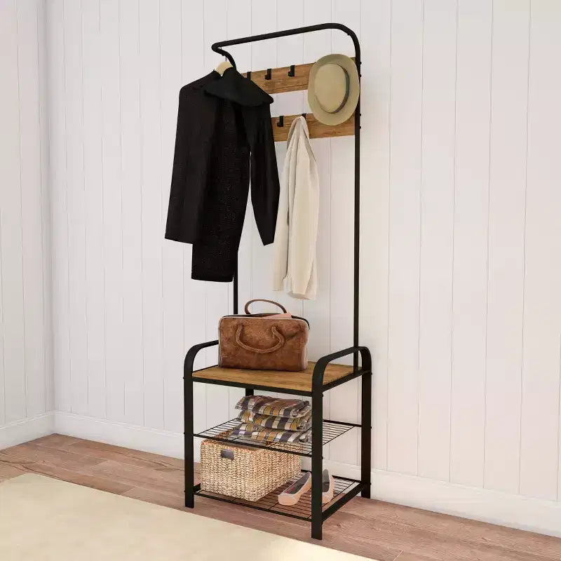 Hastings Home Entryway Bench with Coat Rack, Seat, Hooks, and Shoe Storage, Brown