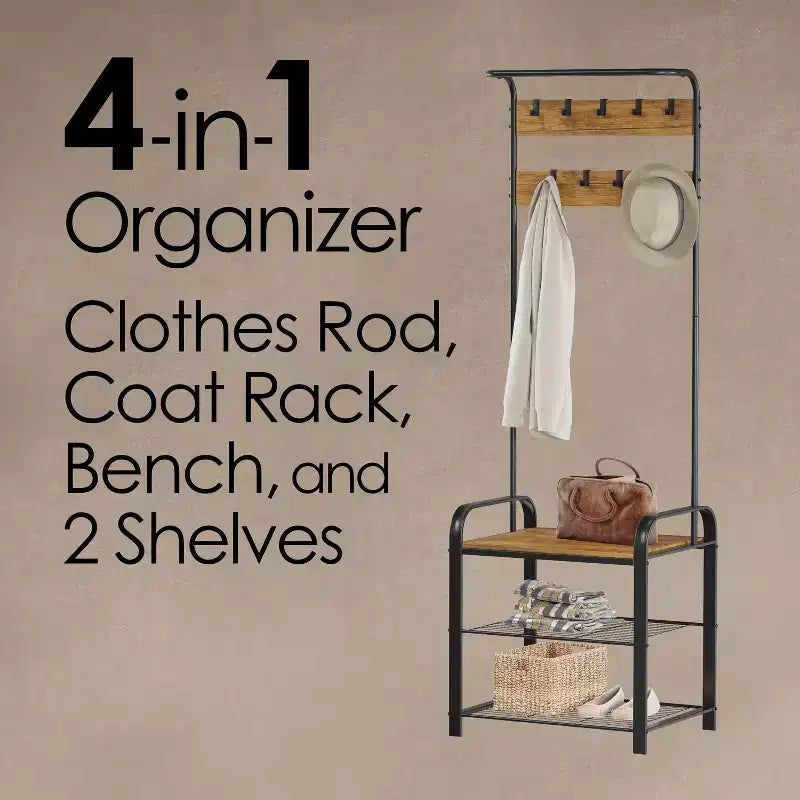 Hastings Home Entryway Bench with Coat Rack, Seat, Hooks, and Shoe Storage, Brown