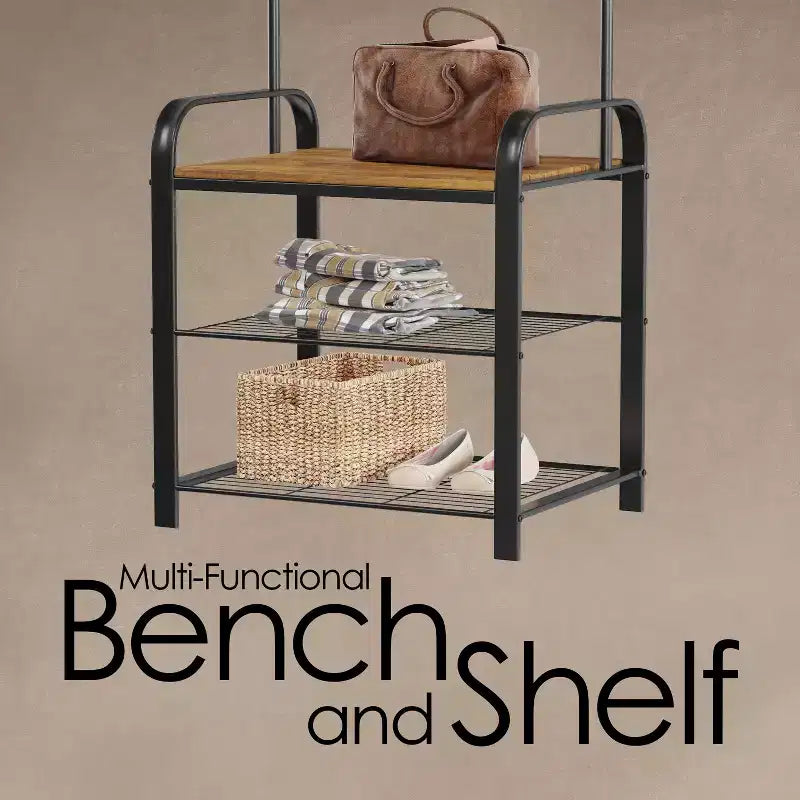 Hastings Home Entryway Bench with Coat Rack, Seat, Hooks, and Shoe Storage, Brown