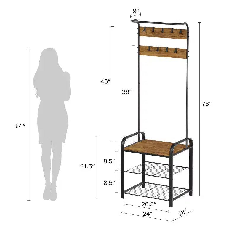 Hastings Home Entryway Bench with Coat Rack, Seat, Hooks, and Shoe Storage, Brown