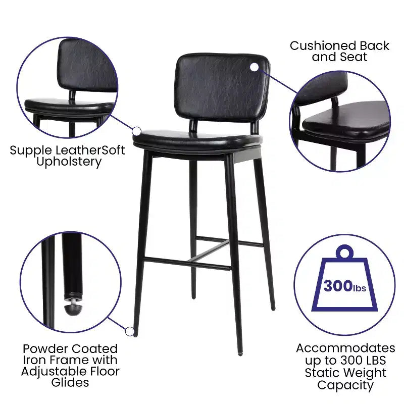 Merrick Lane Faux Leather Barstools Contemporary Metal Frame Stools with Integrated Footrest - Set of 2