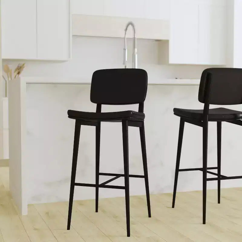 Merrick Lane Faux Leather Barstools Contemporary Metal Frame Stools with Integrated Footrest - Set of 2
