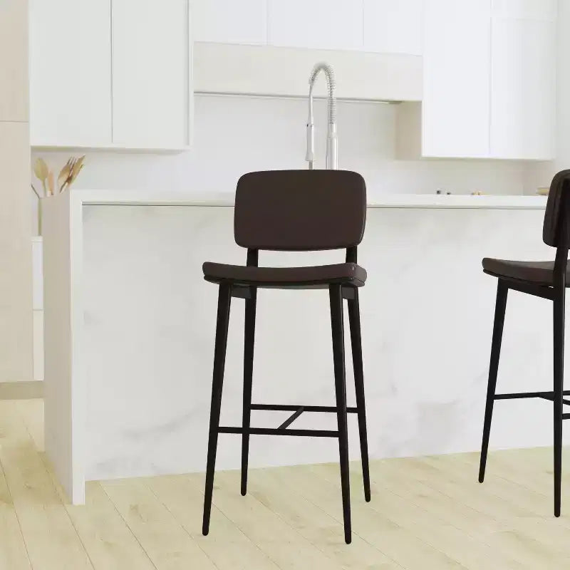 Merrick Lane Faux Leather Barstools Contemporary Metal Frame Stools with Integrated Footrest - Set of 2