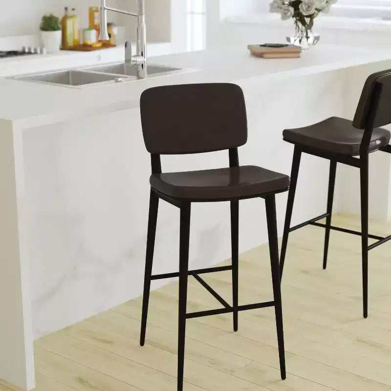 Merrick Lane Faux Leather Barstools Contemporary Metal Frame Stools with Integrated Footrest - Set of 2