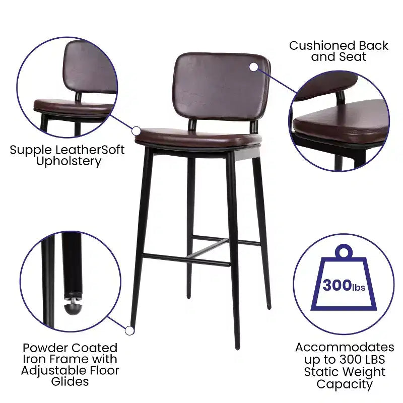 Merrick Lane Faux Leather Barstools Contemporary Metal Frame Stools with Integrated Footrest - Set of 2
