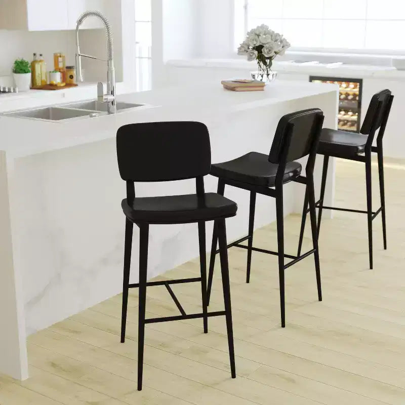 Merrick Lane Faux Leather Barstools Contemporary Metal Frame Stools with Integrated Footrest - Set of 2