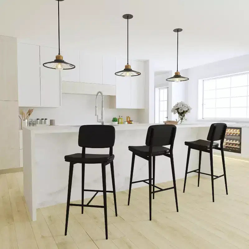 Merrick Lane Faux Leather Barstools Contemporary Metal Frame Stools with Integrated Footrest - Set of 2